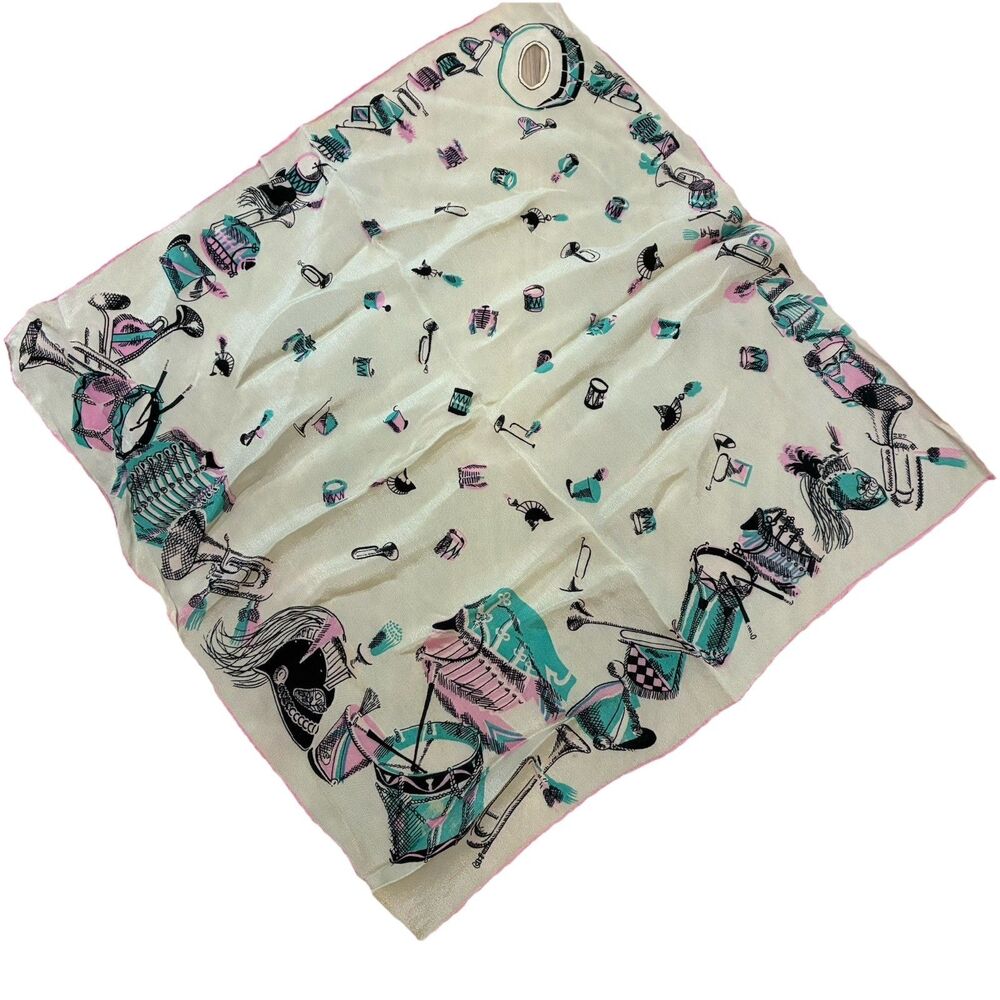 Vtg. 50’s Silk Neck Scarf 16"x16" Hand Rolled Key Hole Novelty Marching Band